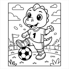 Dinosaur Playing Soccer Coloring Page Vector for Kids, Cartoon Dino Football Coloring Book Illustration, Cute Dinosaur Sports Activity Coloring Page Design.
