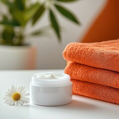 Cream jar, orange towels, daisy, spa