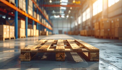 A close-up of a wooden pallet sits in the foreground. Large warehouse racks are in the blurred background, bathed in sunlight