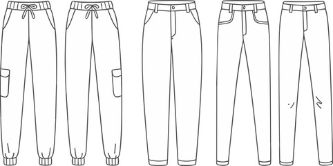 Pants fashion flat sketch, joggers and cargo trousers vector template, front and back clothing outline, fashion design technical drawing illustration