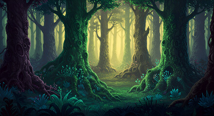 Mystical Forest Scene with Large Green Trees and Glowing Plants in Enchanted Woodland