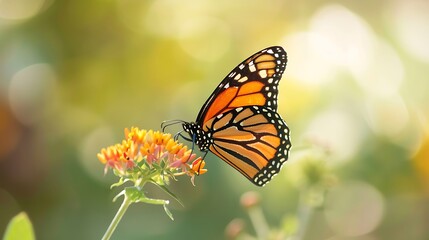 Obraz premium A monarch butterfly with distinctive orange and black wings rests on a vibrant flower