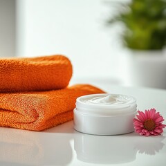 Orange towels and cream jar on white table (1)