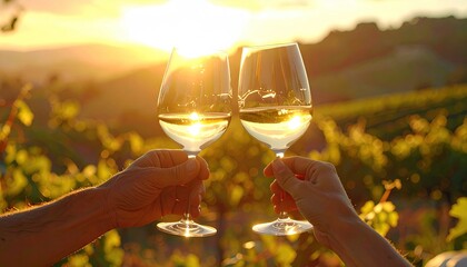 Toast at Golden Hour Two Hands Hold Wine Glasses in Vineyard at Sunset