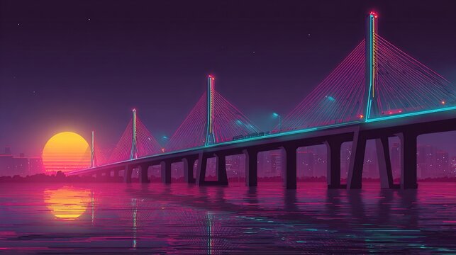 Neon-lit cable-stayed bridge reflects on water as the sun sets, silhouetting a cityscape under a purple sky