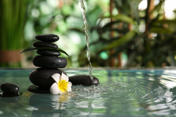 Lake with spa stones and beautiful plumeria in tropical bamboo garden