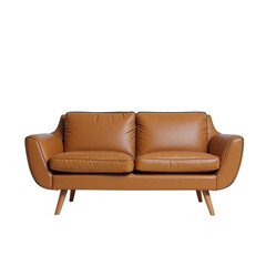 Stylish vintage brown leather sofa with tufted cushions and wooden legs against a black background
