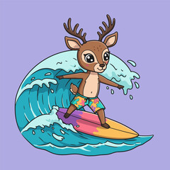 Cartoon deer wearing floral swim trunks surfing a colorful wave with outstretched arms, set against a light purple background.