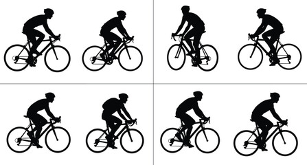 Obraz premium Silhouette of cyclists riding road bikes, group of people cycling in different poses, healthy lifestyle, outdoor sports, fitness, teamwork, endurance