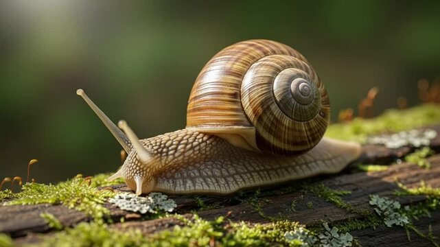 A snail with a brown coiled shell creeps on mosscovered wood