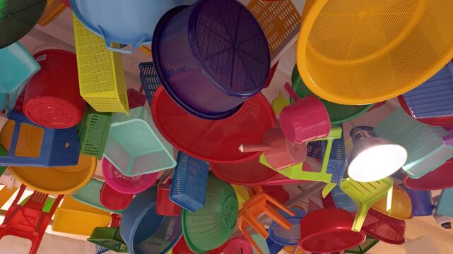 A colourful arrangement of plastic household items such as baskets, stools, trays, and chairs. They are displayed in a creative way, hanging upside down from the ceiling.