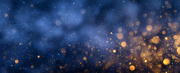 Abstract Dark Blue Bokeh Background with Golden Stars, 2/3 Copy Space for Christmas & New Year Designs