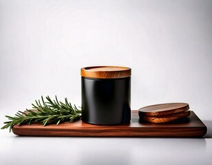  Modern black canister with wooden lid and rosemary sprig 