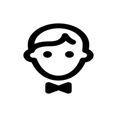 A simple black and white icon depicting a person with a bow tie on a white background in a vector style