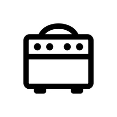 A simple black and white graphic illustration of a guitar amplifier with a handle and circular knobs
