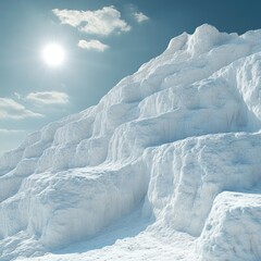White terraced mineral formations against a clear blue sky