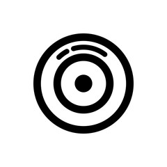 A minimalist black and white icon featuring concentric circles with a dot in the center and curved lines above