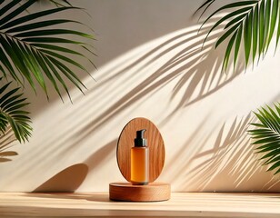  Natural beauty product display with palm leaf shadows white background 