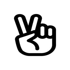 A simple black and white illustration of a hand making a peace sign with two fingers extended upward