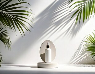  Natural beauty product display with palm leaf shadows white background 