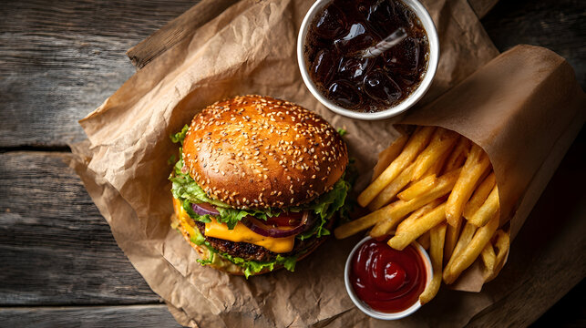 A classic fast food composition on a rustic surface featuring a sesame seed bun burger with cheese and vegetables, a pile of french fries, a cup of cola with ice, and a small cup of ketchup.