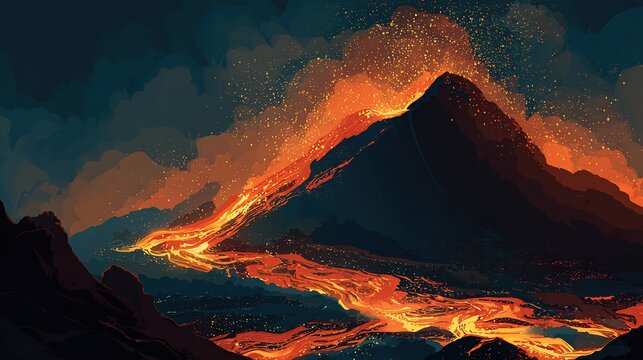A fiery mountain erupts, rivers of molten rock flowing into a valley, under a cloudy night sky