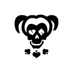 A stylized black skull with heart shaped eyes and pigtails over a white background simple graphic design