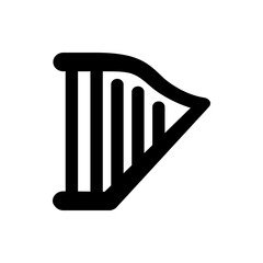 A simple black and white line drawing of a harp with visible strings on a plain white background space