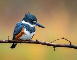 Rain-drenched kingfisher perched on a branch