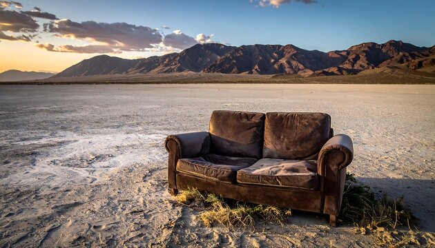 Abandoned couch in a vast salt flat at sunset