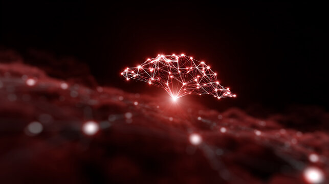 Abstract representation of a glowing neural network structure showcasing interconnectivity and digital transformation concepts against a dark background