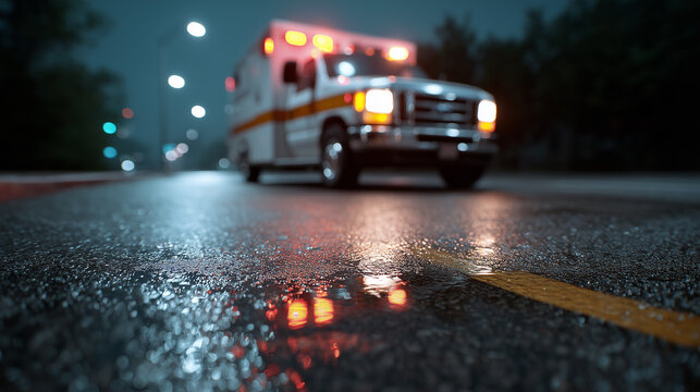 Emergency medical services vehicle illuminated at night on wet road surface with reflections in a rainy urban environment showcasing urgency and response