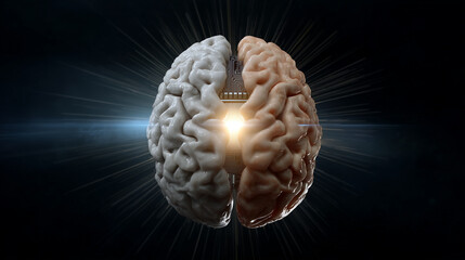 Human brain split in half showcasing contrasting light and dark elements symbolizing creativity, logic, science, art, and human potential in surreal representation