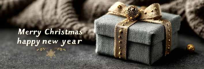 Modern Grey Gold Christmas Banner: Left-Aligned Text with Right Blank Space, Flat Minimalist NYE Branding Template