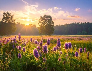 Sunrise Over a Vibrant Meadow of Purple Blooms