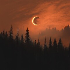 Crimson eclipse over a misty forest