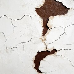 Cracked white surface, with deep fissures, revealing brown underlayer