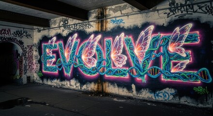 Evolve Graffiti Art: DNA Strands and Butterfly Wings on Urban Wall