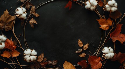 A circular frame featuring dried cotton flowers, twigs, and autumn leaves .