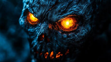 A close-up of a creepy Halloween mask with glowing eyes .