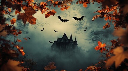 A spooky frame of dry leaves, eerie bats, and a haunted house silhouette .