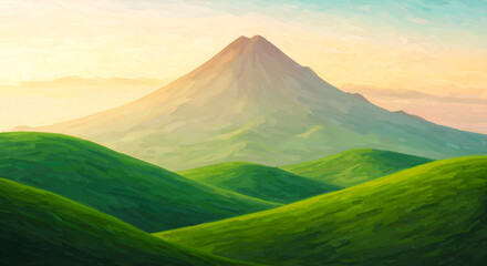 Majestic Mountain Landscape with Green Hills and Colorful Sky