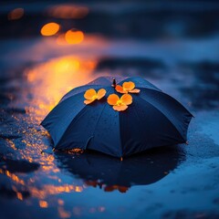 A black umbrella, adorned with orange blossoms, rests in a puddle at twilight.  Soft, warm light illuminates the scene