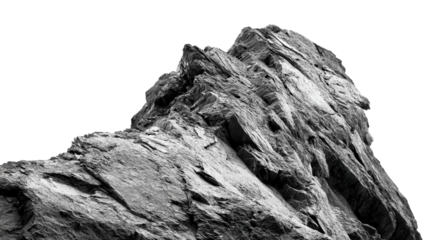A monochrome image showcasing a rugged rock formation with sharp angles and textures against a black background.