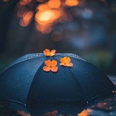 A dark umbrella, wet with rain, rests on water, with three small orange flowers atop.  Soft sunset bokeh background