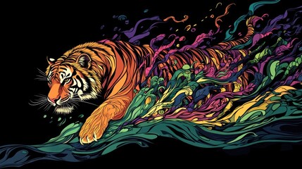 Tiger in vibrant, flowing abstract design