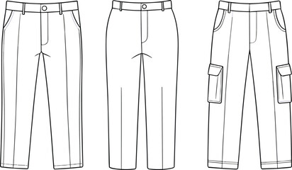 Vector fashion illustration of pants styles, flat sketch technical drawing of trousers, casual pants, cargo pants, clothing design for apparel industry