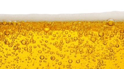 A close-up view of a glass of beer, showcasing golden liquid and bubbles under a frothy white head against a black background.