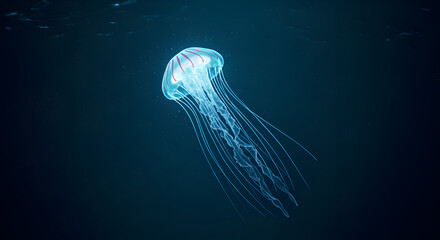 Bioluminescent Jellyfish Floating in Dark Ocean Water with Glowing Tentacles