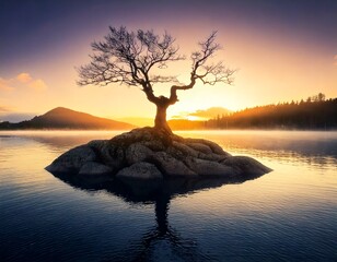  Solitary bare tree on rocky island in calm lake at sunrise 